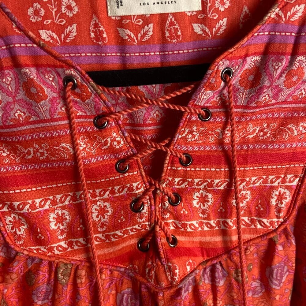 Lucky Brand Size Xs Lace Up Border Print Peasant Blouse Orange Foral Prairie - Picture 5 of 9